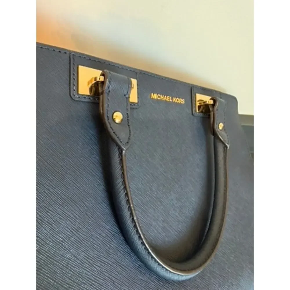 Michael Kors Quinn Satchel Navy Blue Saffiano Leather Top Handle Bag Medium